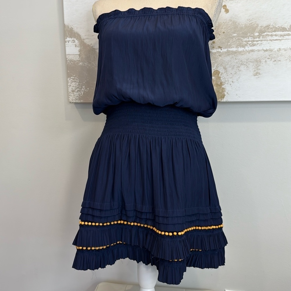 Ramy Brook Navy Strapless Mini Dress with wooden beads